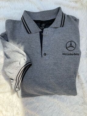 MERCEDES 🚘 Men's Grey Polo Shirt tipped collar embroidered logo VINTAGE